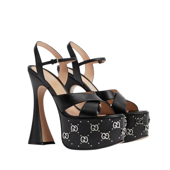 Gucci Janaya Black Interlocking G Studs 36/ US 6 Heels Platform Sandals NIB - Picture 1 of 15